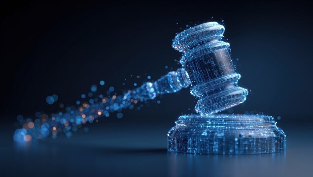 digital gavel on a blue background, representing the ai/machine learning system for processing evidence in a courtroom smart videogame concept Generative AI