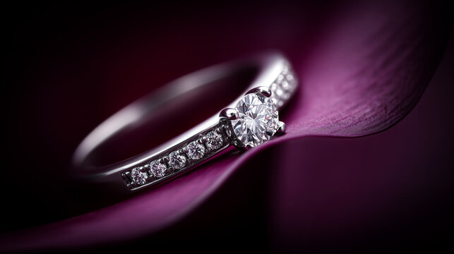 Diamond Engagement Ring on Purple Petal Background 