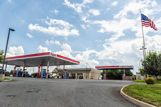 Charlottesville, USA - June 29, 2025: Exxon ExxonMobil gas station, modern petroleum gasoline service building in Virginia