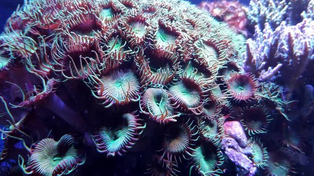 Imitation of a coral reef from tropical latitudes in an aquarium. Exotic fish