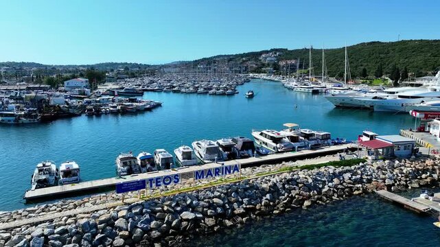 Aerial Drone View of Teos Marina and Sigacik Coastal Town in Izmir, Turkey &ndash; Aegean Sea Harbor and Scenic Village 4K