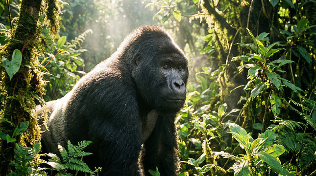 Close-Up Portrait of Silverback Gorilla in Sunlit Jungle Foliage