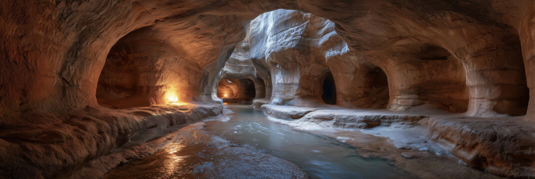 Majestic Sandstone Cave with Flowing Stream 