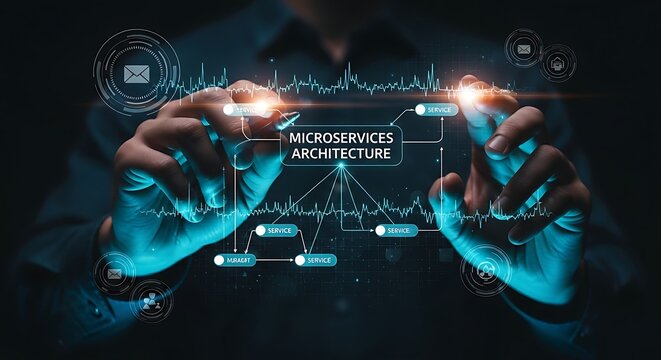 Microservices architecture concept. A software architect's hands draw a holographic diagram connecting small, independent services with pulsating data lines.