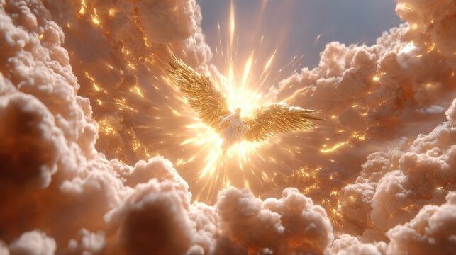 Fiery angelic figure with golden wings in a radiant light breaking through clouds in a celestial scene