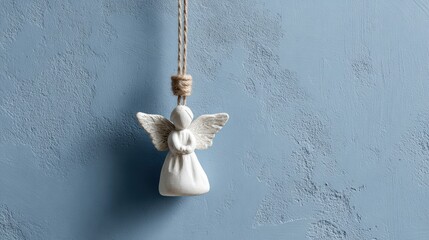 Naklejka premium Minimal white hanging angel ornament near rustic blue wall with soft natural light in simple holiday setting