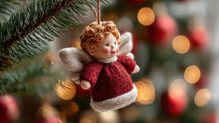 Naklejka premium Red angel ornament hangs from a Christmas tree branch with warm lights in the background creating a cozy holiday feel