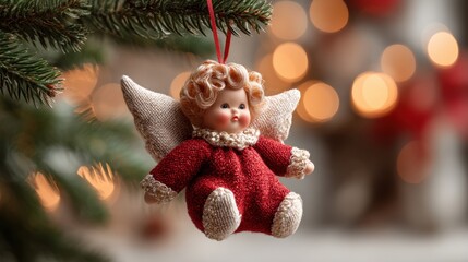 Naklejka premium Red angel ornament hangs on Christmas tree branch with warm lights in background for festive season