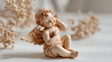 Naklejka premium Sleeping cherub figurine with wings in soft light on white background with blurred branches