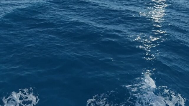 Aerial top down view of ocean waves moving across deep blue water realistic sea surface texture white sea foam patterns gentle flowing wave motion sunlight reflections shimmering on water cinematic dr