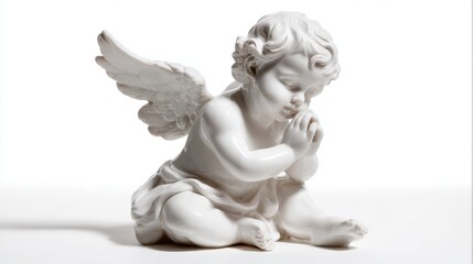 Fototapeta premium Cherub figurine in prayer with detailed features isolated on white background for devotional display in studio setting