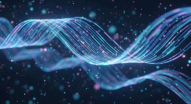 Concepto futurista de plataforma fintech de gesti&oacute;n financiera impulsado por IA.
 Onda digital abstracta azul futurista brillando en un fondo oscuro.