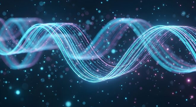 Concepto futurista de plataforma fintech de gesti&oacute;n financiera impulsado por IA.
 Onda digital abstracta azul futurista brillando en un fondo oscuro.