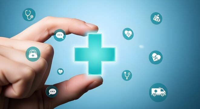 Concepto de seguro m&eacute;dico.
 personas sosteniendo la mano m&aacute;s y un &iacute;cono m&eacute;dico de atenci&oacute;n m&eacute;dica, salud y acceso al concepto de salud social...