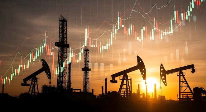 Producci&oacute;n de petr&oacute;leo, bombas operando al atardecer con gr&aacute;ficos financieros que muestran la volatilidad del mercado energ&eacute;tico, extracci&oacute;n de crudo, comercio de materias primas y econom&iacute;a de la indu