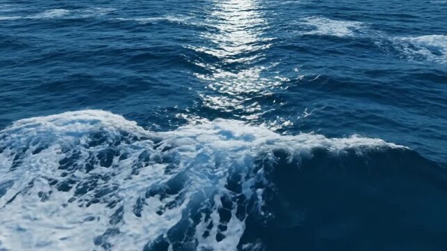 Birds eye aerial ocean surface showing continuous rolling waves deep blue water tones bright white sea foam organic natural wave motion sunlight glimmer across water cinematic camera glide over sea re
