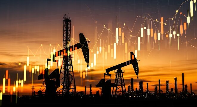 Producci&oacute;n de petr&oacute;leo, bombas operando al atardecer con gr&aacute;ficos financieros que muestran la volatilidad del mercado energ&eacute;tico, extracci&oacute;n de crudo, comercio de materias primas y econom&iacute;a de la indu
