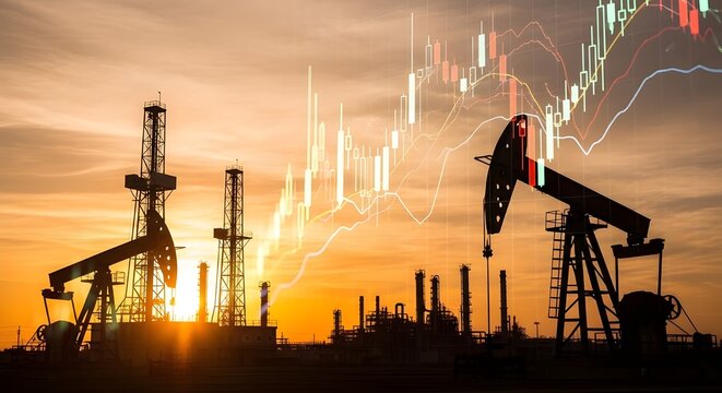 Producci&oacute;n de petr&oacute;leo, bombas operando al atardecer con gr&aacute;ficos financieros que muestran la volatilidad del mercado energ&eacute;tico, extracci&oacute;n de crudo, comercio de materias primas y econom&iacute;a de la indu