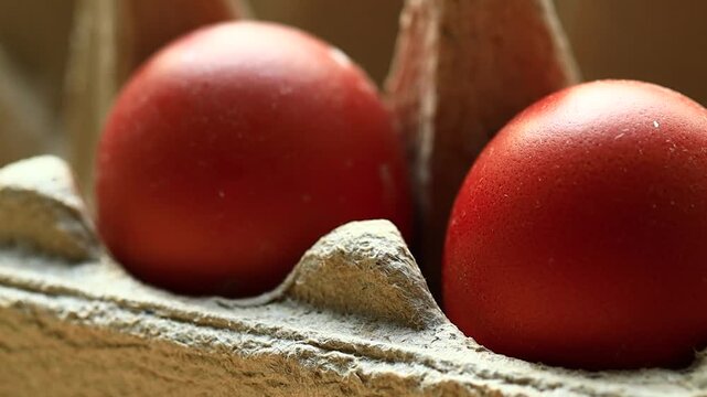 Freshly laid red eggs in a small carton, ready for use or display