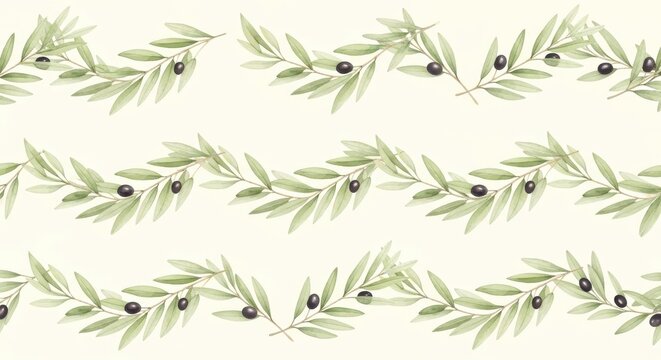 Olive branch pattern with green leaves and black olives on cream background for design and decoratio