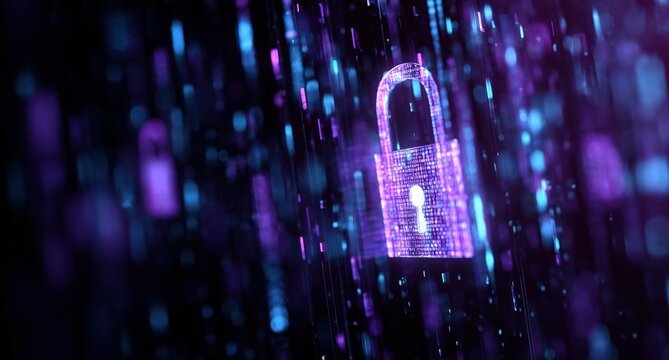 digital security background with a lock symbol on a purple and blue digital, glowing tech network this ai technology concept represents data protection in the future Generative AI