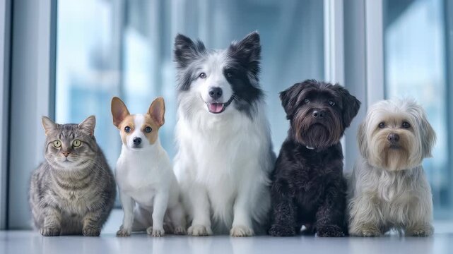 A harmonious gathering of various cat and dog breeds showcases unity and cuteness in a modern home setting. Ideal for pet care, animal adoption, and lifestyle concepts