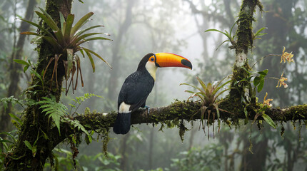 Fototapeta premium Toucan on Mossy Branch in Foggy Rainforest with Soft Focus Background