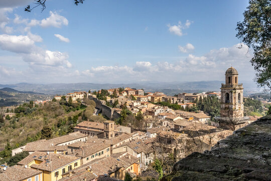 Panoramic view from the scenic terrace of Piazza Rossi Scotti (Le Prome) overlooking Borgo Sant'Angelo and the bell tower of Santa Maria Nuova, Porta Sole, Perugia, Umbria, Italy. 