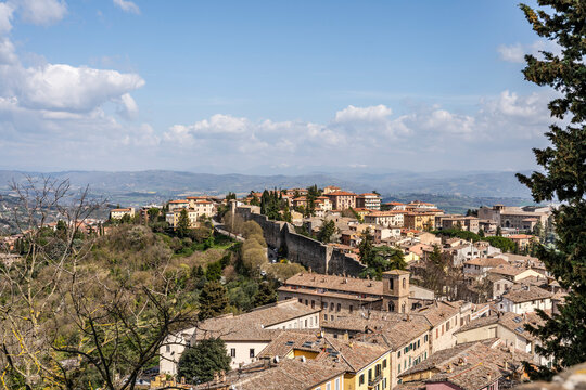 Panoramic view from the scenic terrace of Piazza Rossi Scotti (Le Prome) overlooking Borgo Sant'Angelo, Porta Sole, Perugia, Umbria, Italy. 