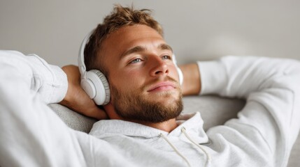Obraz premium Man relaxes on couch with headphones in cozy home setting enjoying a moment of music or meditation