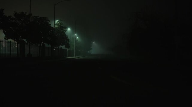 Foggy night street with street lights along the road, soft lamp light dissolves in dense fog creating a feeling of emptiness silence and mysterious urban atmosphere