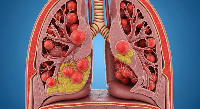 Human lungs with tumors and bronchial tree