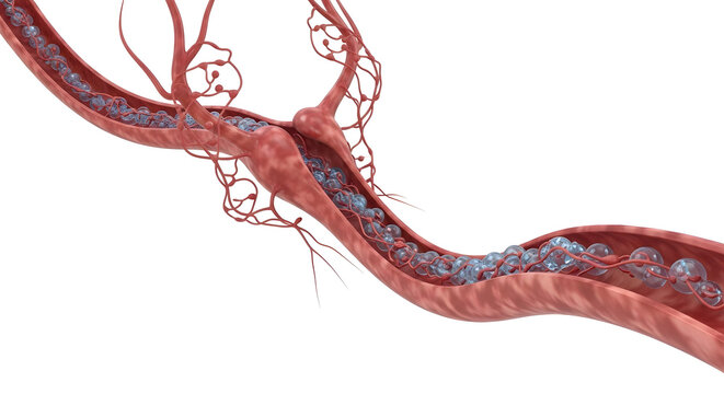 A blood vessel with blue dots on the inside