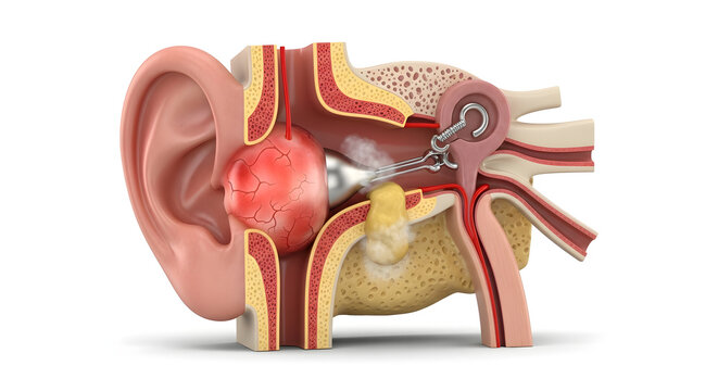 A detailed cross section of a human ear with a tumor