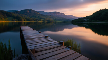 Naklejka premium Breathtaking tranquil lake surrounded by mountains with wooden dock reflecting serene sky colors during golden hour sunset concept, defocused background, with copy space