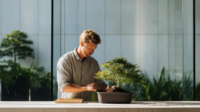 A focused individual prunes a bonsai tree on a sleek countertop in a bright, contemporary interior. The scene emphasizes tranquility, indoor gardening, and the growing popularity of mindful hobbies