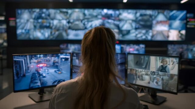 A professional security operator observes live footage from numerous surveillance cameras in a high tech control center. The environment highlights cutting edge monitoring and safety protocols