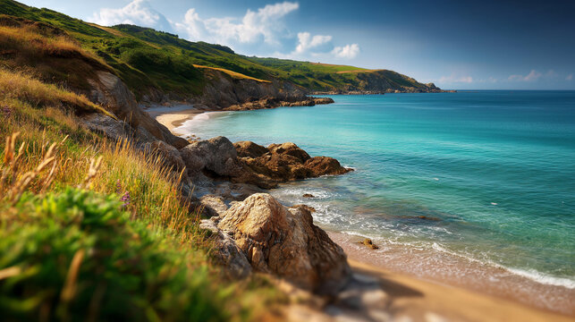 Expansive coastal landscape showcasing turquoise waters lapping golden sands, tranquility beauty and serenity of nature at its finest concept, defocused background, with copy space