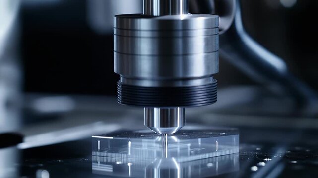 Advanced manufacturing process fabricating precise structures and microfluidic channels onto a clear substrate, featuring a robotic arm and a sharp tool tip working with extreme accuracy