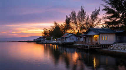 Obraz premium Serene stilt houses along tranquil seafront with beautiful water reflections during stunning sunset, calm and peaceful coastal living concept, defocused background, with copy space