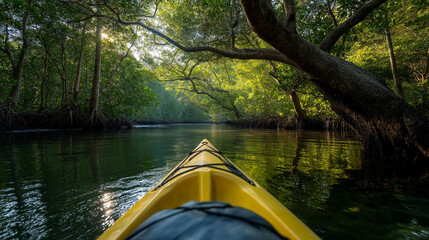 Fototapeta premium Tranquil kayaking experience through lush green mangrove tunnel with sunlight streaming down, serene escape into natural beauty and adventure concept, defocused background, with
