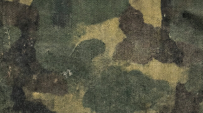 Abstract camouflage pattern, rugged fabric texture. Weathered surface in earthy green, brown, and tan. Vintage military aesthetic, ideal background for design