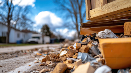 Obraz premium Rubbish pile accumulating on the sidewalk, illustrating environmental pollution and neglect in a suburban residential area, emphasizing waste management problems and community responsibility