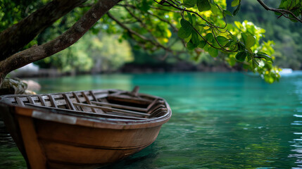 Obraz premium Serene wooden boat gently floating on tranquil turquoise waters, natural beauty and peacefulness in stunning aquatic environment concept, defocused background, with copy space