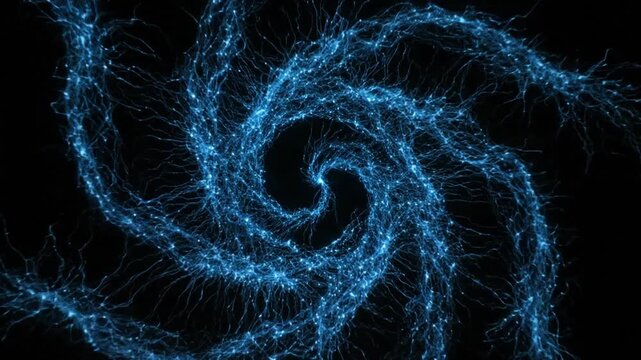 Glowing blue swirling neural network connections spiral outward in darkness
