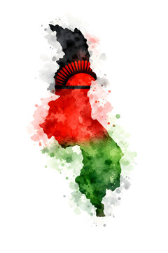 Watercolor map of Malawi in national flag colors with rising sun, artistic ink splashes, soft texture, vibrant red, black and green, modern travel illustration on white background.
