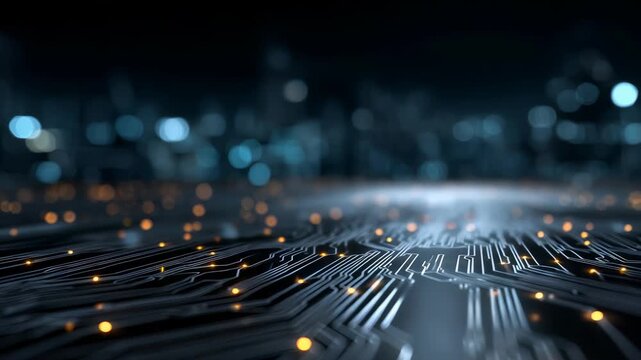 A close up view of a digital circuit board with illuminated pathways represents the future of electronics and artificial intelligence. The glowing lines evoke connectivity and high tech progress
