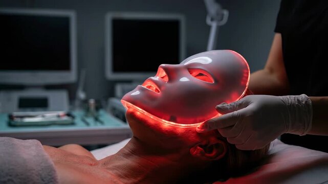 Professional beautician applying a red LED light therapy mask to a woman's face during a relaxing rejuvenation treatment in a modern aesthetic clinic with specialized medical equipment.