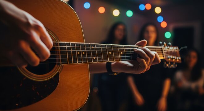 a person playing an acoustic guitar with people in the background acoustic guitar close up detail vi