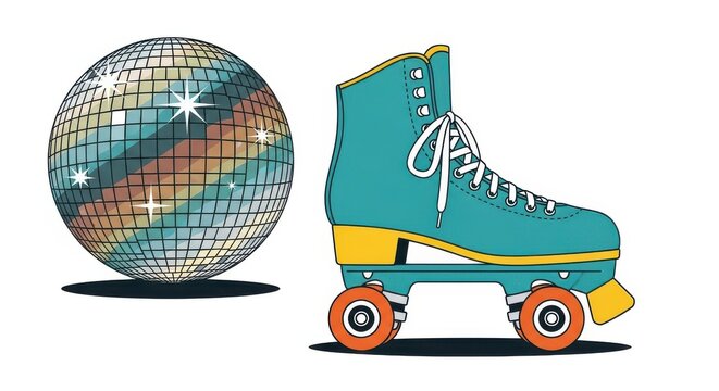 a teal roller skate beside a disco ball on a white background close up detail view natural lighting